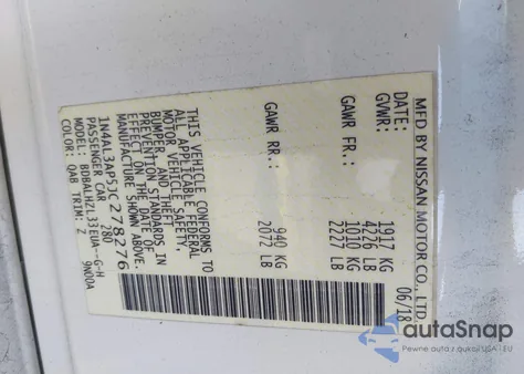 2018 Nissan Altima 2.5 Sr z USA, uszkodzony, nr VIN 1N4AL3AP5JC278276